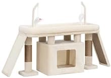 Heybly Cat Tree Extra-Long & Stable 2 Adjustable Scratch Boards HCT210SMJ | Easy-Climb Cat Tower with Dual-Leg Floor Condo, Sturdy Cat Furniture with Extra Wide Platform & Interactive Toys, Beige