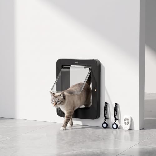 Smart Pet Door Cat Door, Automatic Pet Door, with Collar Sensor & Remote Control, Controllable Entry and Exit Directions(4 Locking Ways), 10.35"x11.73", for Cats & Small Dogs Black