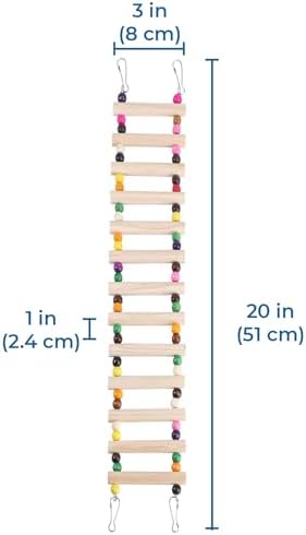 SunGrow Wooden Bird Ladder Bridge, Hanging Exercise Toy, Bird Playground Cage Accessory, Natural Wood, Edible Dye, Interactive Small Bird Toy, Parakeet, Cockatiel, Conure, Budgie Climbing Ladder