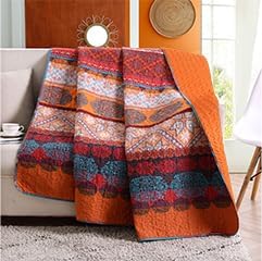 Exclusivo Mezcla Reversible Boho Quilted Throw Blanket, 50"x 60" | Lightweight Summer Quilt Throw, Designed for Bed/ Couch/ Sofa, Red and Orange Striped Pattern