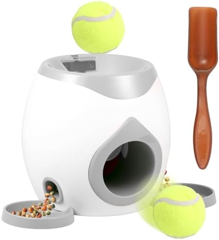 Dog Ball Launcher Interactive Puppy Ball Thrower Machine with Treat Dispenser Fun Dog Training Toys for Indoor Outdoor(Light Grey,2 Balls)
