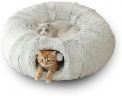 Cat Tunnel Bed for Indoor Cats, Peekaboo Cat Cave Donut Bed & Play Tunnel