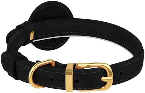 OOPSDOGGY Rolled Leather Dog Collar with Airtag Holder - Reflective Round Airtag Dog Collar - Soft Tracking Pet Collar for Small Dogs Puppy Cats Kitten (Black, S, 10"-13")