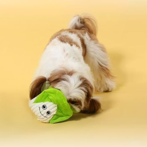 Interactive Pet Puzzle Toy, Plush Cabbage Hide & Seek Treat Dispenser with Squeaker, 7.09 x 5.12 Inches, AZO-Free, Non-Toxic Dyes. Green