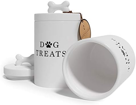 Barnyard Designs Ceramic Dog Treat Container with Airtight Lid (White)