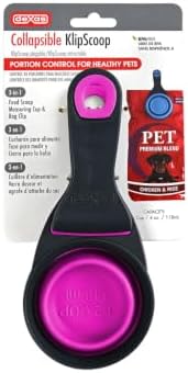 Dexas Popware for Pets Collapsible Klip Scoop, 3-in-1 Pet Food Scoop, Measuring Cup and Bag Clip, 1/2 Cup Capacity, Fuchsia