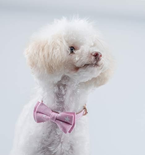 Small Dog Collar Set, 2Pcs Puppy Cat Collar with Bow Tie & Bandana, Durable PU Leather Canvas Tiny Pet Scarf for Small Breed Pets Pink Stars