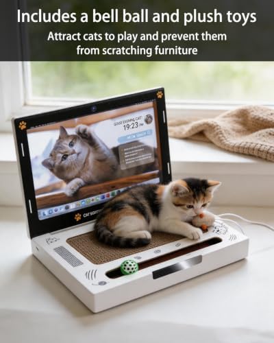 Cat Laptop Scratcher, Corrugated Cardboard Cat Laptop Toy with Plush Mouse Jingle Ball, Interactive Scratch Pad Pro Laptop for Cats