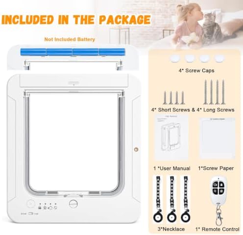 Smart Cat Door for Interior & Exterior, Cat Pet Door with 3 Collar Sensor Keys & 1 Remote Control & 4 Way Locking Cat Flap with RFID Collar Activated Opening SmartPetDoor