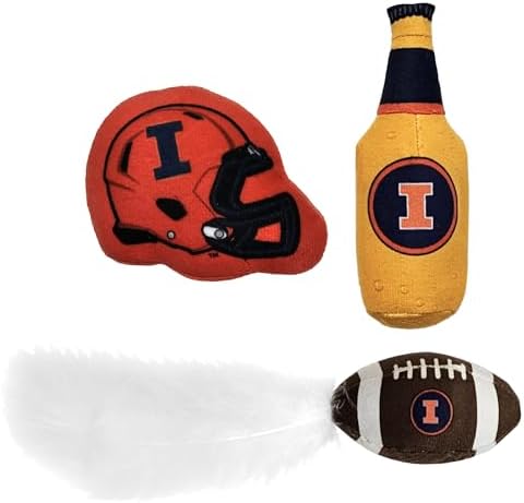Pets First Best Plush CAT Toy NCAA Illinois Fighting Illini Complete Set of 3 Piece Cat Toys Filled with Fresh Catnip. Includes: 1 Helmet Cat Toy, 1 Football Cat Toy with Feathers & 1 Beer Bottle.