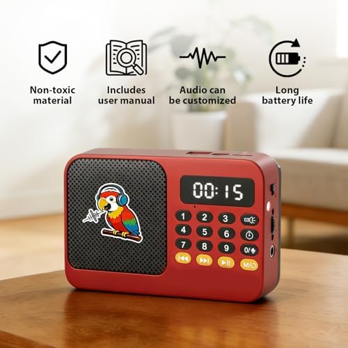 Parrot Talking, Whistling & Singing Training Player – 134 Professional Audio Tracks with Loop Playback &Self-Custom Audio, Includes Training Guide for Beginners & Busy Individuals (Red)
