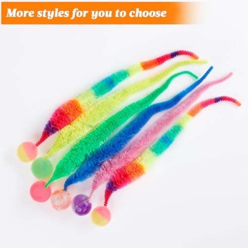 Bouncy Ball With Tail Cat Toy, 6 Packs Rainbow Magic Worm With Ball for Cats, Colorful Fuzzy Worm Bouncy Balls (Rainbow Large)