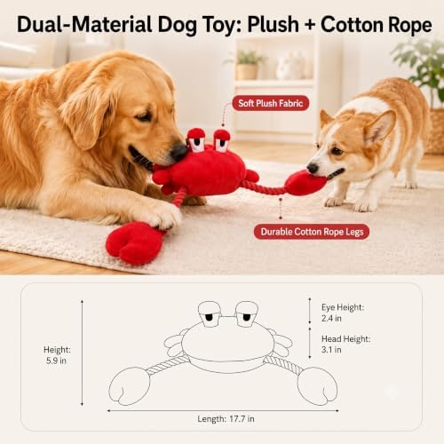 Squeaky Dog Plush Chew Toy, Interactive Tug Squeaky Toy for Chewers, Medium & Large Dogs & Fetch Play, 18.1 Inch Stuffed Crab Toy with Rope Twisted Claws for Gentle Gum Care & Boredom Relief, Red