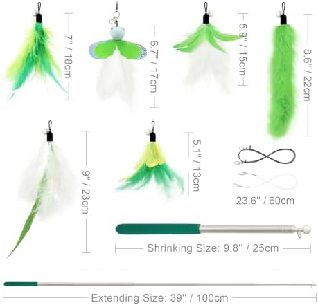 SONGWAY Cat Feather Toys Wand - 7 Pcs Interactive Cat Toys for Indoor Cats Kittens, Retractable Cat Wand with 6 Feather Teaser Refills with Bell, Cats Fishing Pole Toy, Green