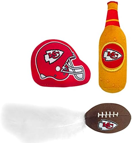 Best Plush CAT Toy - NFL Kansas City Chiefs Complete Set of 3 Piece Cat Toys Filled with Fresh Catnip. Incld: 1 Helmet Cat Toy, 1 Football Cat Toy with Feathers, & 1 Beer Bottle. Beautiful Team Logos