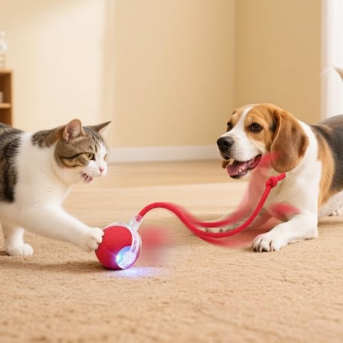 Interactive Automatic Rolling Electronic Stimulation Chase Ball Cat Dog Toy | Smart Electric Moving Stimulating Rechargeable Motion Activated Self Play Teaser for Boredom Small Dog Puppy Pet, with Rope