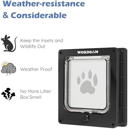 Wordcam Cat Door for Interior/Exterior, for Pets Waist≤5.9", Medium, Black