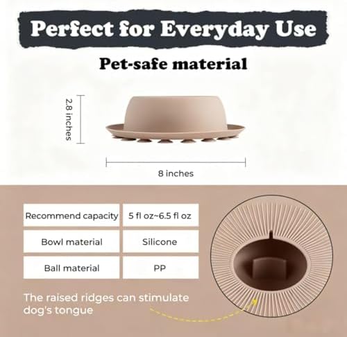 PEDAY Nonslip Dog Slow Feeder Lick Bowl with Ball, Enrichment Toy for Water, Yogurt & Jam, Dishwasher Safe, Warm Taupe