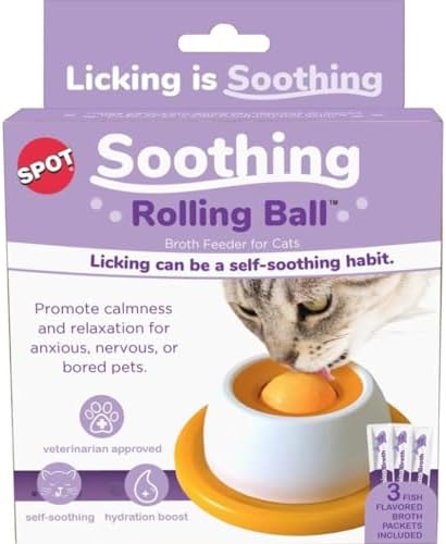 SPOT Soothing Rolling Ball Broth Feeder for Cats – Lickable Self-Soothing Toy for Anxious or Bored Cats, Promotes Calmness & Hydration, Includes Feeder + 3 Broth Tubes