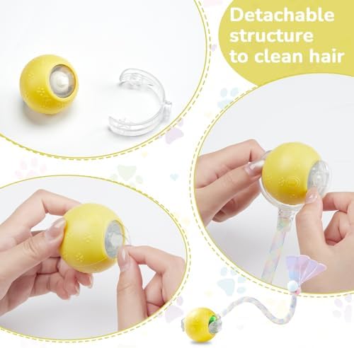 Interactive Cat Toys for Indoor Cats, Fast Rolling, Chirping, Motion Activated Automatic Cat Toy for Enrichment, Smart Cat Ball Toy 1 Count with 2 Tails and 3 Speed Adjustment, Yellow