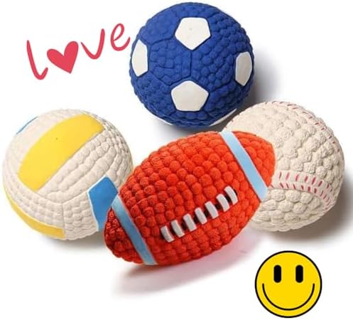 Squeaky Chew Dog Toys Interactive Sports Balls with Squeaker Soft Latex Rubber Bouncy Fetch Ball Toy (Soccer, Volleyball, Football, Tennis) for Puppy & Dog (Football,Small)