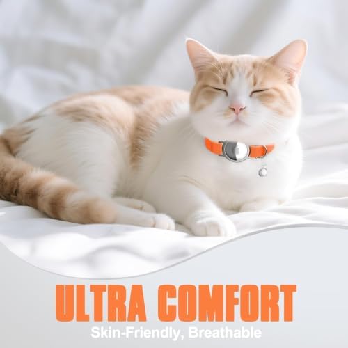 AirTag Cat Collar, Elastic Tracker Collar with Airtag Holder and Bell | Compatible with Apple Air Tag, Lightweight & Scratch Resistant, Adjustable Stepless GPS Pet Collar for Cats Kittens, Orange