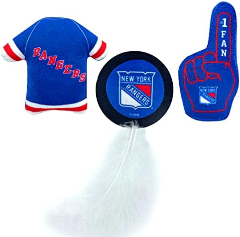 NHL NEW YORK RANGERS Plush Cat Toys Set: Jersey, Hockey Puck & #1 Fan, Filled with Fresh Catnip