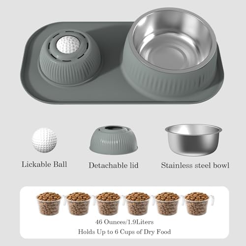 Slow Feeder Dog Bowls Set 2 in 1,Anti-Slip Dog Lick Bowl with Rolling Ball,Interactive Slow Eating Toy for Liquid and Thick Treat,Dog Licking Toy for Large Medium Small Dogs and Cats.(Gray)