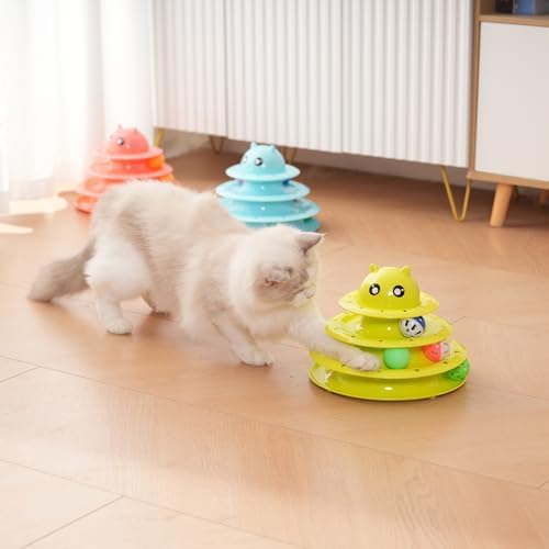 Catstages Tower, Interactive 3-Tier Cat Track Toy with 6 Spinning Balls in Box, Cat Fun Durable Toy, for All Breed of Cats, Catty Self-Entertainment Toys, Green