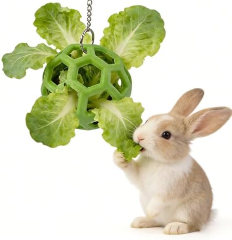 Rabbit Treat Ball, Bunny Enrichment Toy with Stainless Steel Hanger Set, Veggie Feeding Rabbit Ball Toy to Slow Feeder for Bunny, Guinea Pig, Hedgehog, Squirrel, Tortoise (Green)