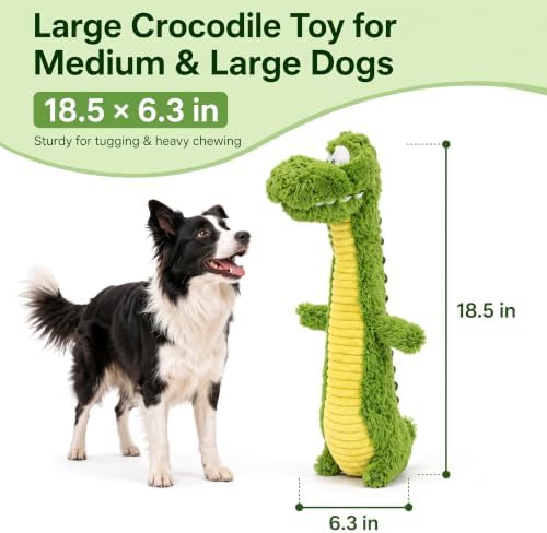 Squeaky Dog Plush Chew Toy, Interactive Tug Squeaky Toy for Chewers, Medium & Large Dogs & Fetch Play, 18.5 In Stuffed Long-Neck Crocodile Toy with Soft Plush Body for Gentle Gum Care & Boredom Relief