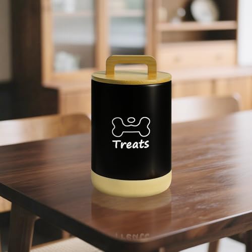 Dog Treat Container Airtight - 5 Inch Wide x 8.7 Inch Black Ceramic Dog Treat Jar for Kitchen Counter, Doggie Cookie Jar with Airtight Bamboo Lid - Farmhouse Style Dog Food Storage Container