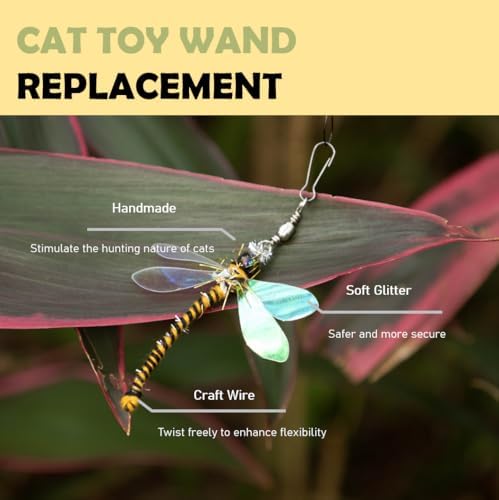 Cat Insect Feather Toys Replacement - 4 Pcs Handmade Natural Dragonfly - Cat Toy Wand Refills - Interactive Kitten Teaser Wand Attachments - Cat Toys for Indoor Cats Play