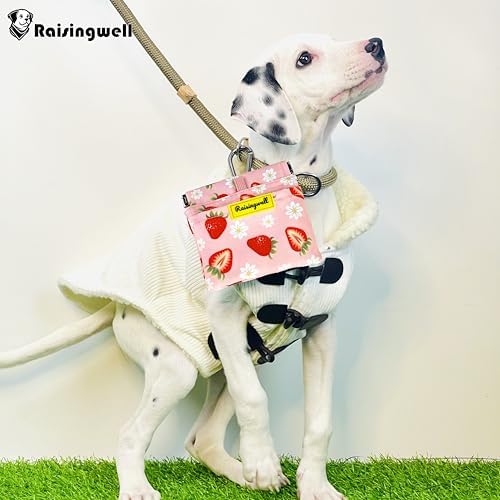 Dog Treat Pouch,Cotton Pocket Sized Training Holder, Hand Free Walking Funny Bag with Carabiner, Self-Closing Pet Feed Snack Reward, Behavior Aids for Puppy Travel or Outdoor Use(Strawberry)