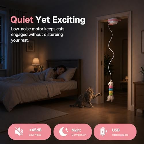 Interactive Cat Toys for Indoor Cats,Automatic Hanging Door Cat Teaser Feather Toy with 6 Accessories,2 Modes,Auto Pause & USB Rechargeable Electric Cat Chase Toy,Safe for Bored Adult Kitten-Pink2