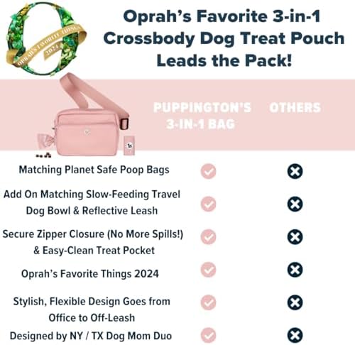 Puppington 3-in-1 Crossbody & Dog Treat Pouch for Pet Training - Matching Compostable Poop Bags, Built-In Poop Bag Dispenser & Slow-Feeding Travel Dog Bowl - Dog Walking Bag (Blush Pink)