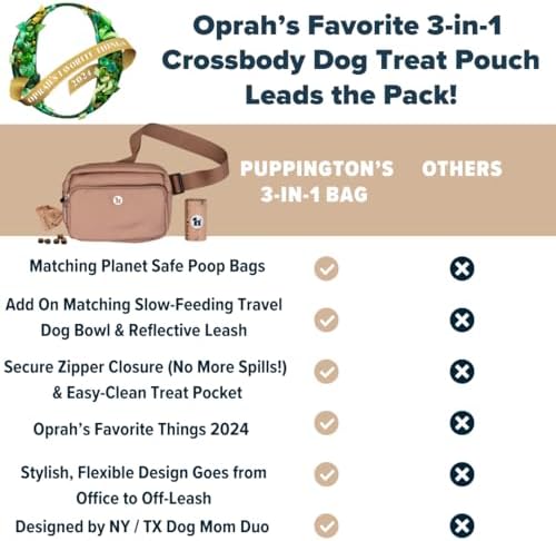 Puppington 3-in-1 Crossbody Dog Walking Bag & Dog Treat Pouch for Pet Training - Matching Compostable Poop Bags, Built-In Poop Bag Dispenser & Slow-Feeding Travel Bowl (Latte Beige)