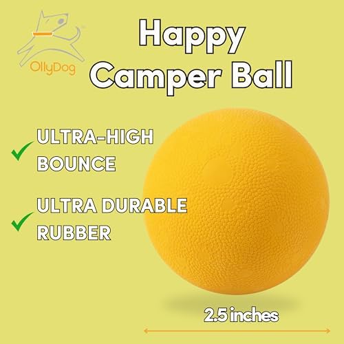 OllyDog Happy Camper Ball, Solid Rubber Bouncy Ball for Dog Aggressive Chewers, Natural Rubber, for Dogs Under 50lbs, 2.5 Inches Diameter (Mango)