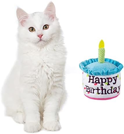 Happy Birthday Cake Catnip Toys, Birthday Cake Shaped Chew Toys for Kitten Funny Cats Gifts Plush Cat Birthday Party Toys, Blue