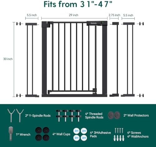 Babelio 31-46" Baby Gate for Stairs, PressGuard Pet Gate with Wide Door | Pressure/Wall Mount, Dual Lock with Indicator, Auto Close, Heavy Duty, Easy Install for Doorways, Kitchens, Hallway, Black