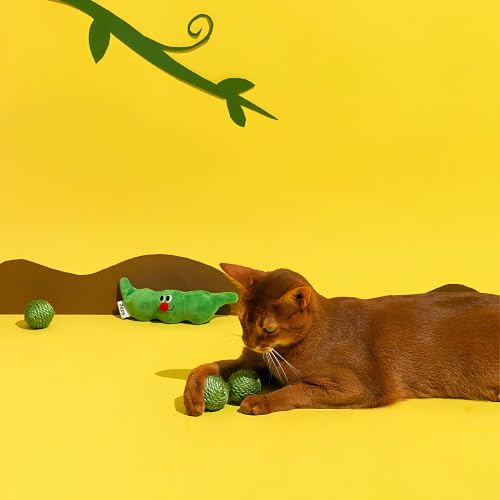 ZEZE Pea Pod Jute Rope Ball Cat Toy Set, 3 Removable Jute Balls with Rattle Inside, Scratch & Play Combo, Pea Pod Storage, Interactive Cat Toy for Indoor Cats