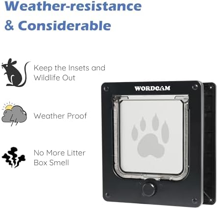 Wordcam Cat Door for Interior/Exterior Door, Sturdy ABS Frame, Large, Black