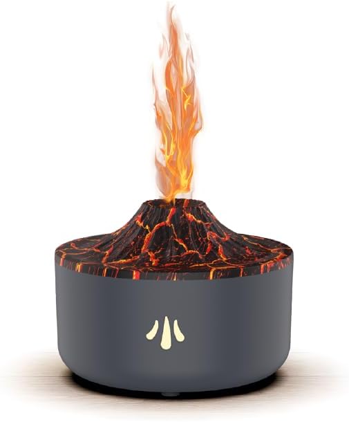 200ml Lava Volcano Aromatherapy Diffuser,Essential Oil Diffuser with Flame Effect LED Lights, Quiet Ultrasonic Mist, Auto Shut-Off, for Home, Office, Yoga & Bedroom (Black Gray)