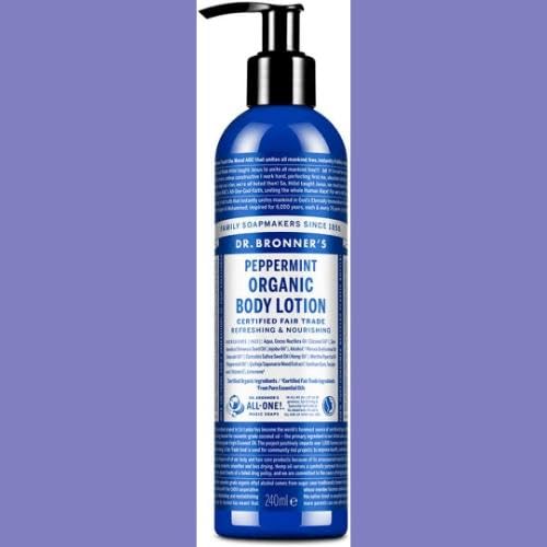 Dr Bronner's Organic Peppermint Hand and Body Lotion, Made with Organic Oils, Used for Face and Body, Certified Fair Trade & Vegan Friendly, 236ml Recycled Bottle
