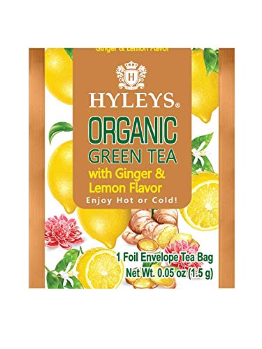 HYLEYS Organic Green Tea, Ginger and Lemon Flavor - 25 Individually Wrapped Tea Bags - USDA Organic - Kosher & Vegan