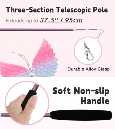 SONGWAY Interactive Cat Wand Toy Set - Retractable Cat Teaser Wand with 8 PCS Cat Toy Attachments, Dragonfly Butterfly Bird Mouse Yarn Ball Tassel Feather Cat Toy Refills for Indoor Cats Kittens, Pink