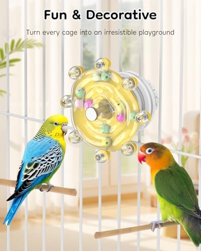 Pawfly Bird Toys for Parakeets, Colorful Spinning Wheel Chew Toy, Interactive Spinner Rattle Parrot Toys, Cockatiel Toy, Parakeet Toys, Bird Cage Accessories for Entertainment Chewing Exercise, Yellow