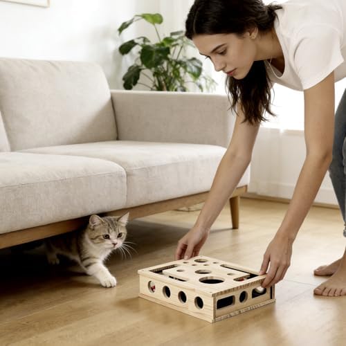 Cat Scratch Puzzle Enrichment Box, Wooden Cat Nail File Box Stress Free Alternative to Grinders, Maze Toy Box for Indoor Cats Scratching, with Sandpaper & 3 Bell Balls