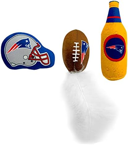 BEST PLUSH CAT TOY: NFL NEW ENGLAND PATRIOTS Complete Set of 3 piece Cat Toys filled with Fresh Catnip. Includes: 1 Helmet Cat Toy, 1 Football Cat Toy with Feathers & 1 Beer Bottle all with Team LOGOS