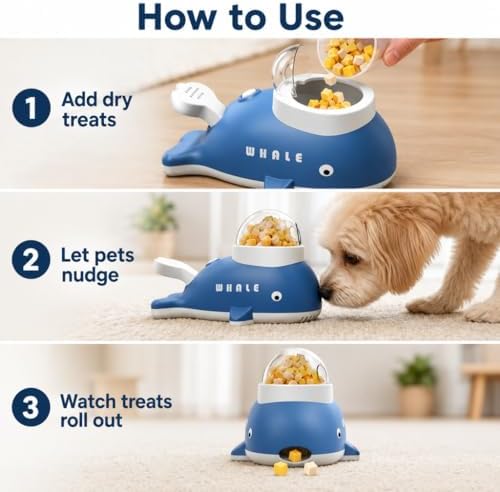 Interactive fuzzibud cat Treat Toy & Duck Treat Dispenser for Dogs - Slow Feeder cat Feeder Puzzle for Boredom Relief, Puzzle Toy with 3 Lids (Little Whale Food Spiller)